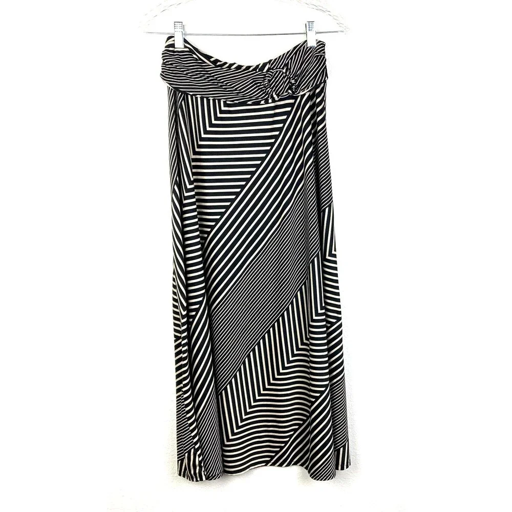 Robert Louis Women's A-Line Maxi Skirt Size M Tan Black Striped Faux Belt